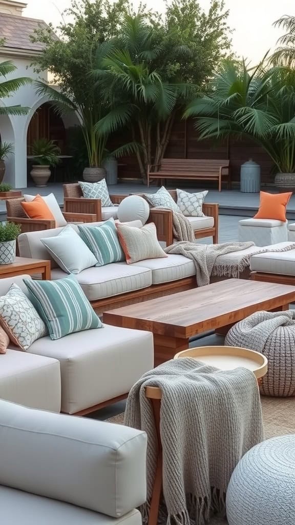 Outdoor seating area featuring plush cushions and throw blankets on wooden sofas, surrounded by tropical plants.