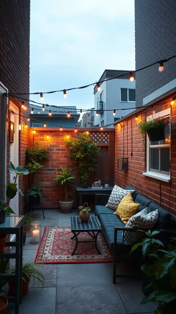 A cozy outdoor patio with string lights, a small sofa with patterned cushions, a rug, potted plants, and a side table on a paved floor surrounded by brick walls.