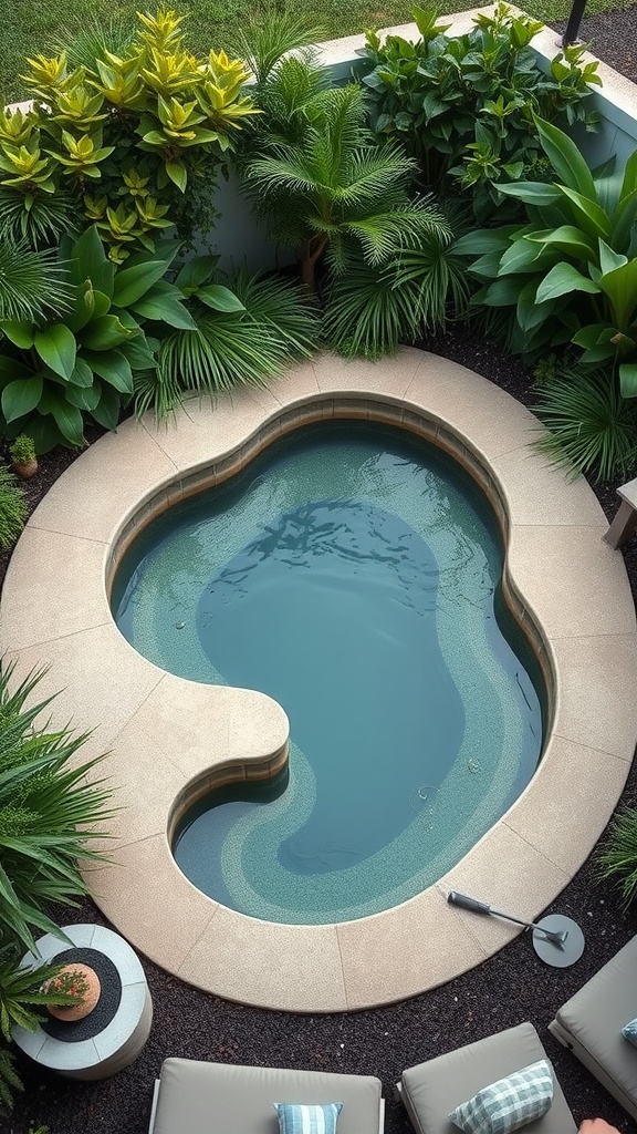 A small, kidney-shaped swimming pool surrounded by lush, green tropical plants and palm trees in a landscaped garden. Two loungers with striped cushions and a side table with a decoration are placed nearby.