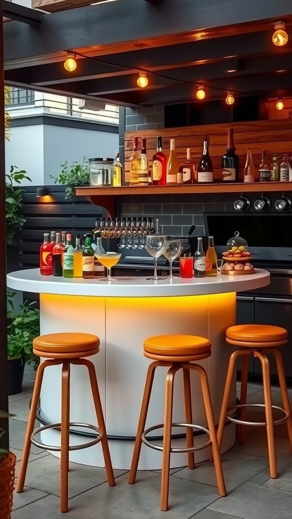 A stylish outdoor bar setup with a round white counter, surrounded by orange-cushioned bar stools, features an assortment of bottles and glasses. The background has string lights hanging above for ambiance and a modern shelving unit with additional bottles and glassware.