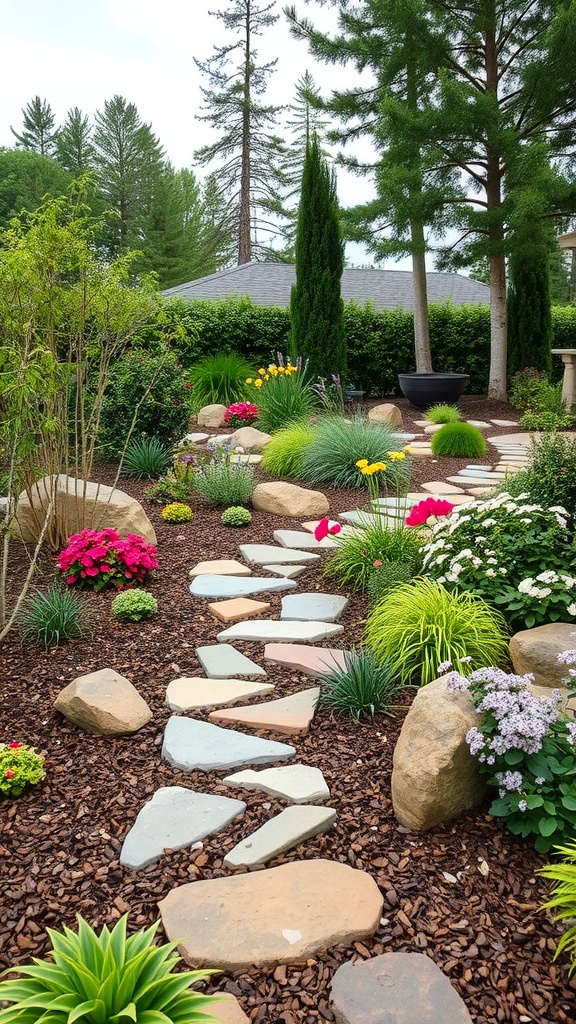 A landscaped garden path with irregularly shaped stepping stones, surrounded by colorful flowers, green shrubs, and various plants, with tall trees and a house in the background.
