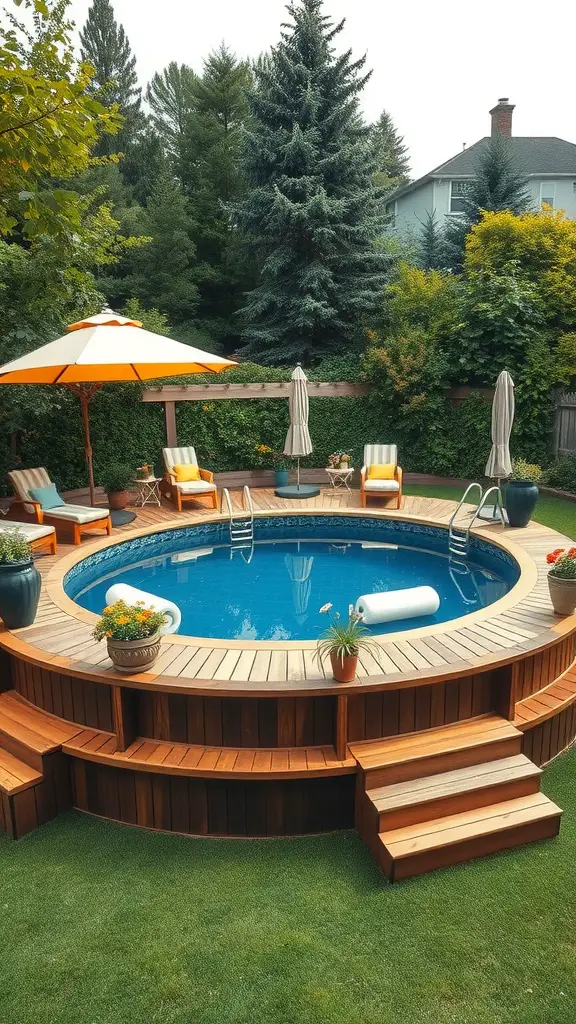 A round wooden above-ground pool surrounded by lush greenery, with lounge chairs and umbrellas on a deck, and a ladder for access.
