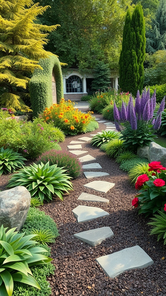 A stone path winds through a lush garden filled with diverse plants, including purple and red flowers, leafy green shrubs, and a variety of foliage. The path leads to an arched structure covered in greenery, with trees and more plants surrounding the area.