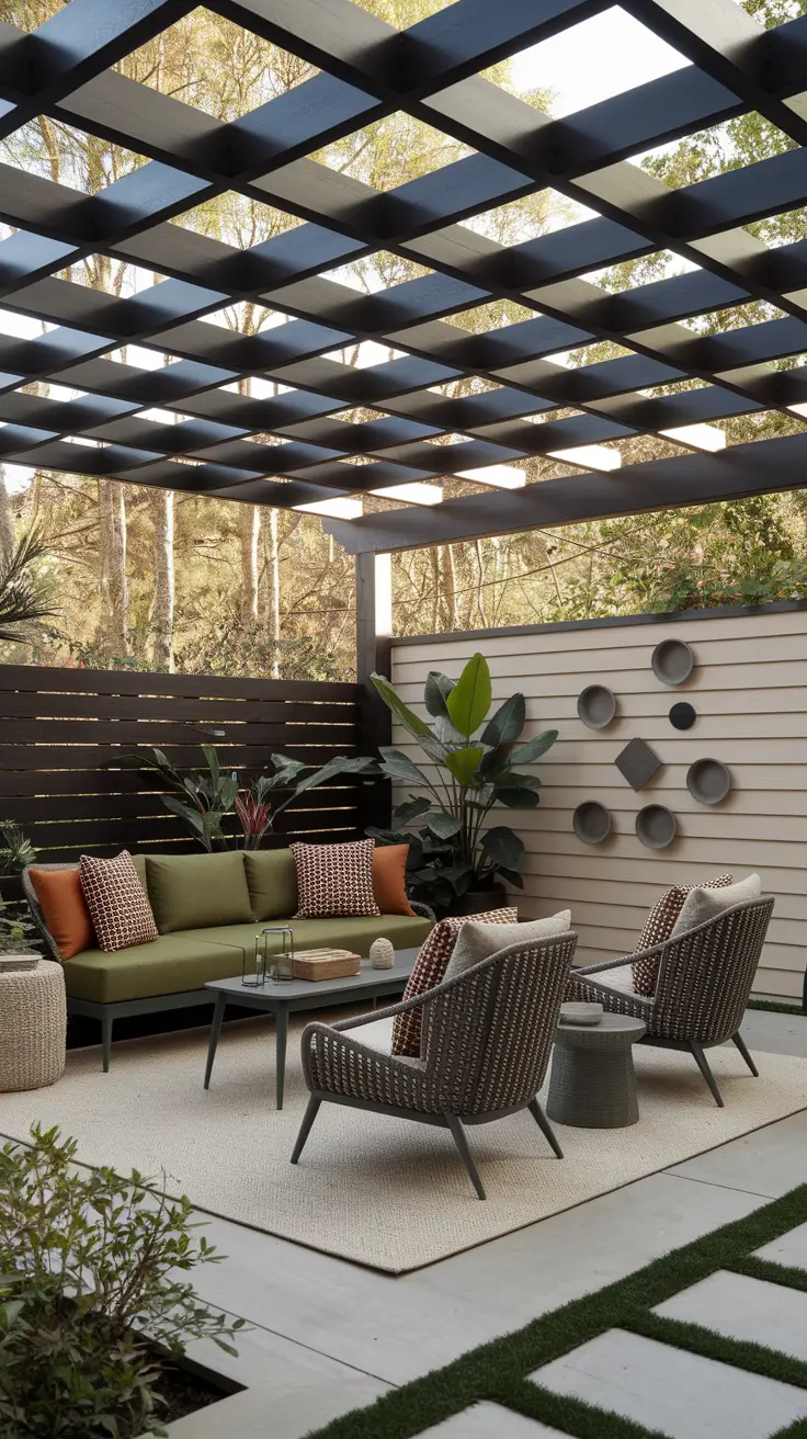 A stylish outdoor patio with a pergola overhead, featuring wicker chairs and a green sofa adorned with patterned cushions. The patio includes a rectangular coffee table on a neutral rug, surrounded by potted plants and modern wall decor. A lattice pattern on the ground adds to the contemporary design.