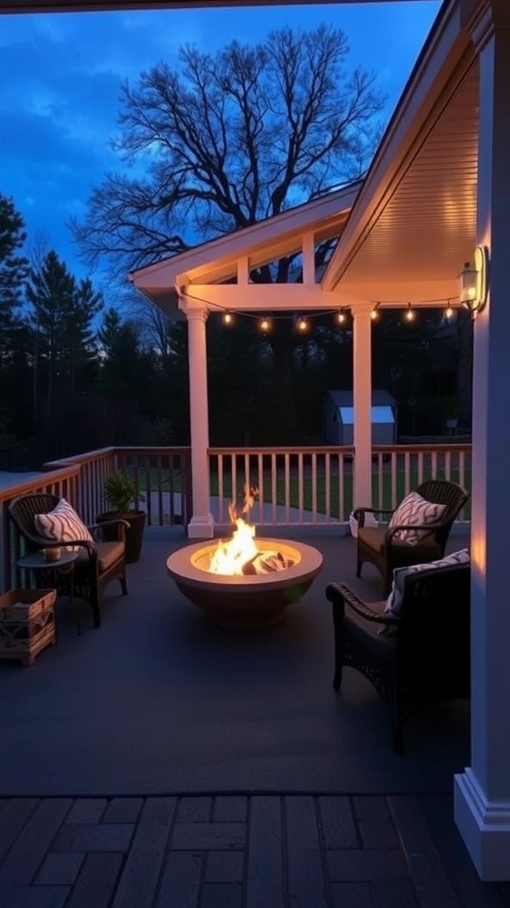 Outdoor patio with a fire pit surrounded by wicker chairs, under a covered area with string lights, against a dusk sky.