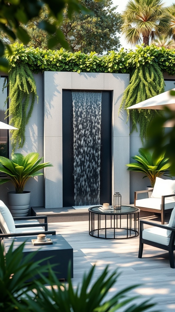 A modern outdoor seating area featuring a central waterfall integrated into a wall, surrounded by lush greenery. There are potted plants and sleek black and white patio furniture, including comfortable chairs and a glass-topped coffee table.