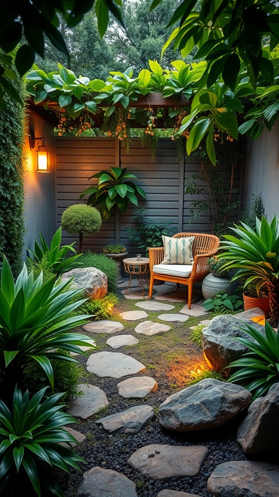 A cozy garden nook with a wooden chair and cushion, surrounded by lush green plants and stone pathway, lit warmly by a lantern on the wall.