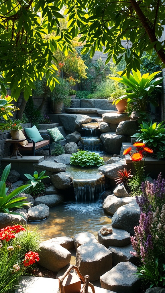 A tranquil garden featuring a cascading waterfall over rocks into a small pond, surrounded by lush greenery and colorful flowers. There are potted plants and cozy seating areas, creating a peaceful outdoor space.