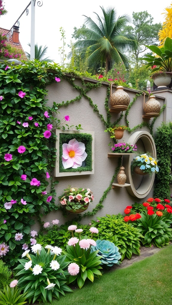 A lush garden wall decorated with vibrant flowers and ivy, featuring hanging vases and circular shelves with potted plants, set against a tropical backdrop with palm trees.