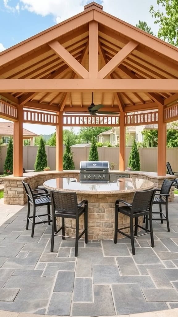 Outdoor patio area with a gazebo featuring a stone grilling station and a round table surrounded by four black chairs on a paved floor.