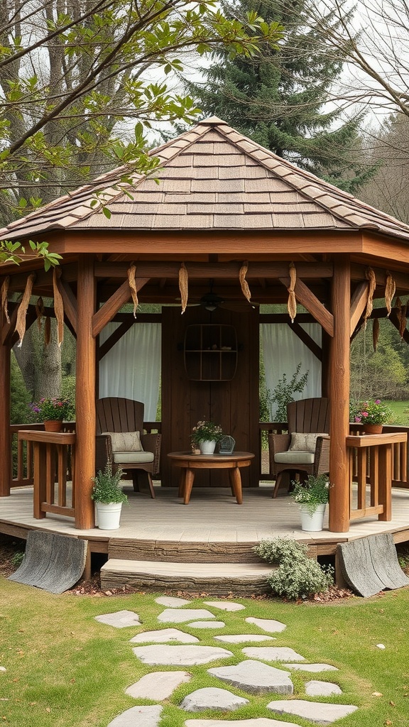 A wooden gazebo with a shingled roof is set in a garden, featuring two chairs and a round table inside, surrounded by planters with green foliage. A stone path leads up to the gazebo, and trees are visible in the background.