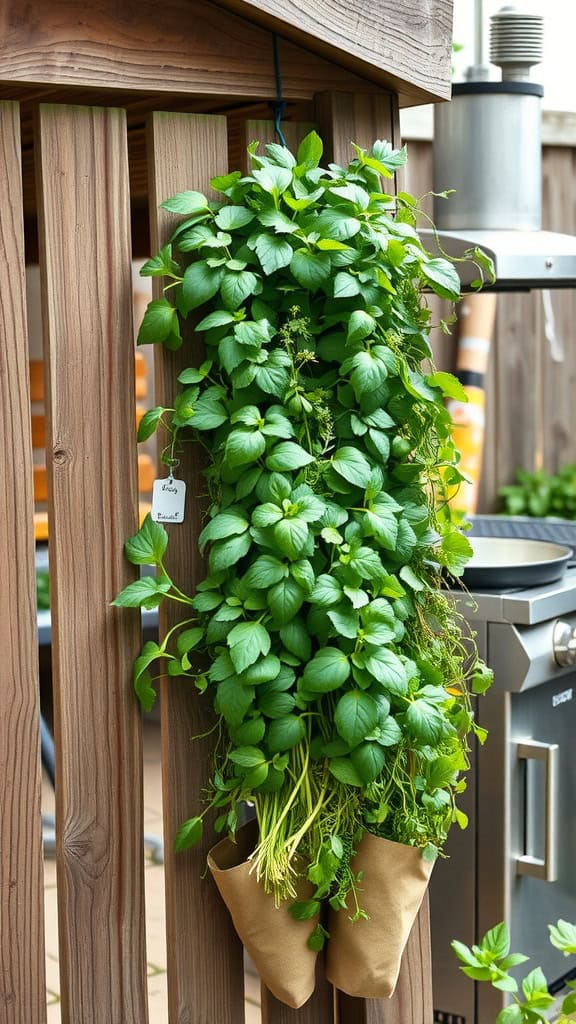 Vertical planter hanging on a wooden fence with lush green plants growing from fabric pockets, next to an outdoor grill.