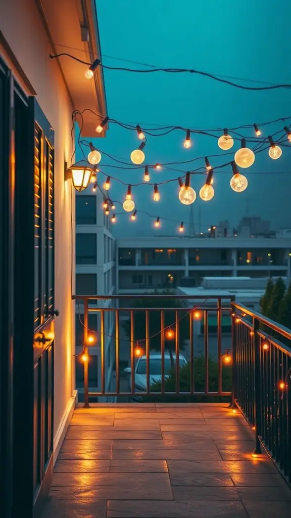 A cozy balcony at dusk illuminated by string lights and a wall lantern, with a cityscape in the background.
