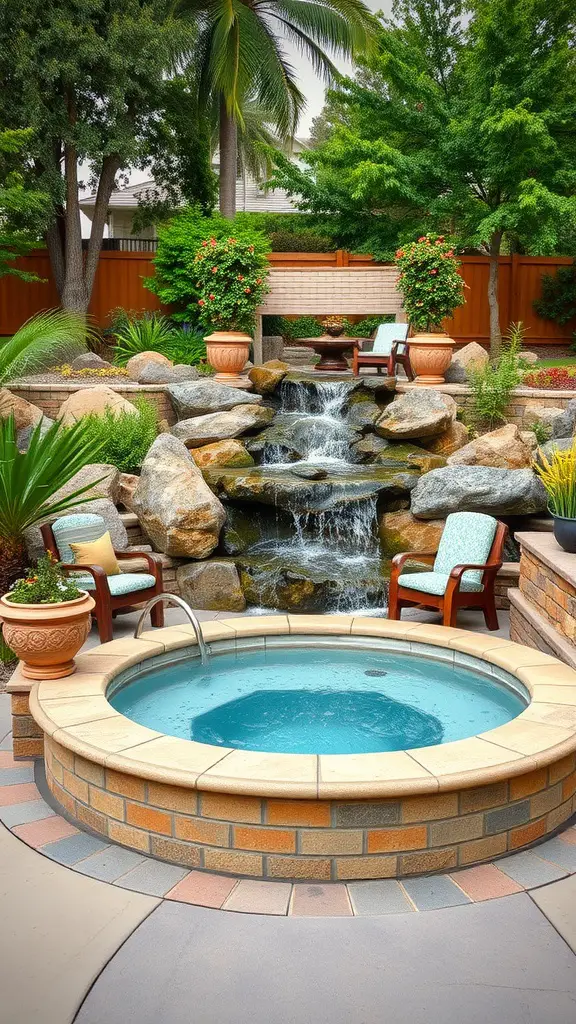 A serene backyard scene featuring a circular spa pool surrounded by a low brick wall, with a cascading waterfall set amid natural stones in the background. Flanking the waterfall are two high-back cushioned chairs, and lush greenery surrounds the area, giving a tropical vibe.