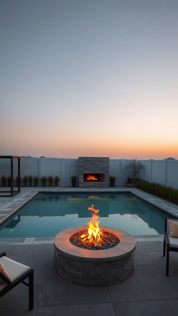 A modern outdoor setting featuring a lit fire pit in the foreground, a pool in the middle, and a fireplace beyond, surrounded by a stone patio and bordered by a white fence at sunset.