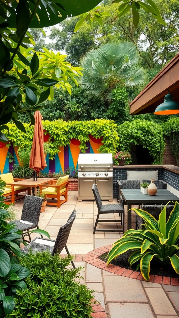 A vibrant patio with wicker chairs around a table, a barbecue grill, lush greenery, and colorful wall art in the background.