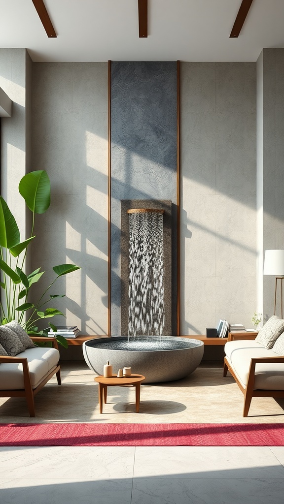 A modern interior with a central water feature resembling a small fountain, surrounded by minimalist furniture including two white cushioned wooden sofas. A small round table holds decorative items, and large green plants are placed near the sofas. The room is accented by natural light streaming through large windows, casting shadows on the floor.