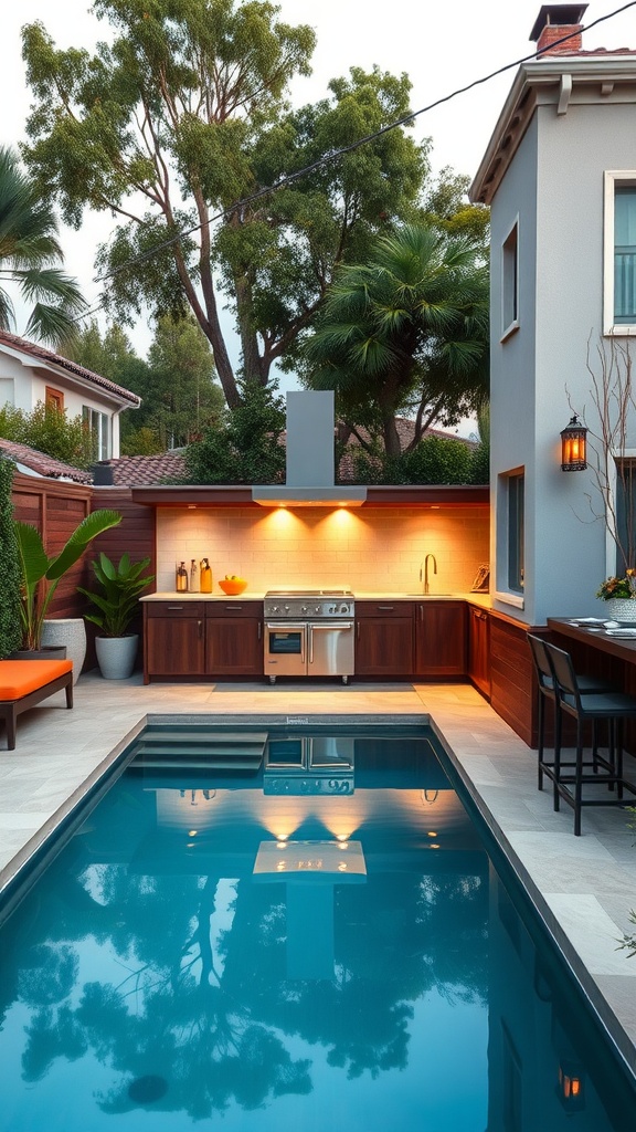 A modern backyard featuring a small rectangular pool adjacent to an outdoor kitchen with wooden cabinets, a barbecue grill, and ambient lighting, surrounded by trees and greenery.