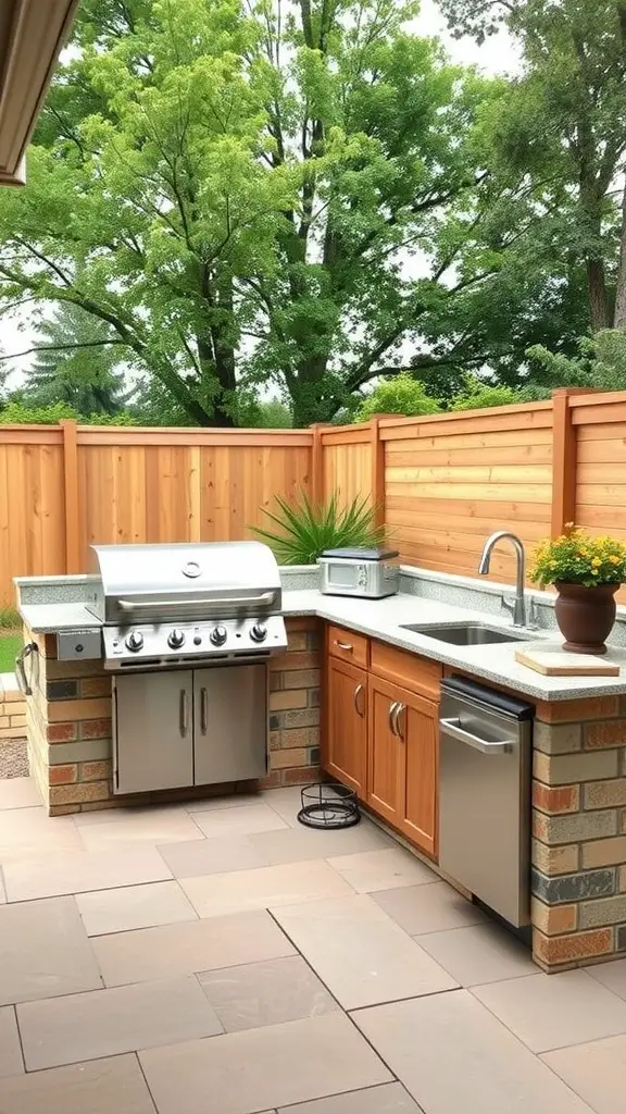An outdoor kitchen with a stainless steel grill, wooden cabinets, a sink, and a small refrigerator, all set against a wooden privacy fence with trees in the background.