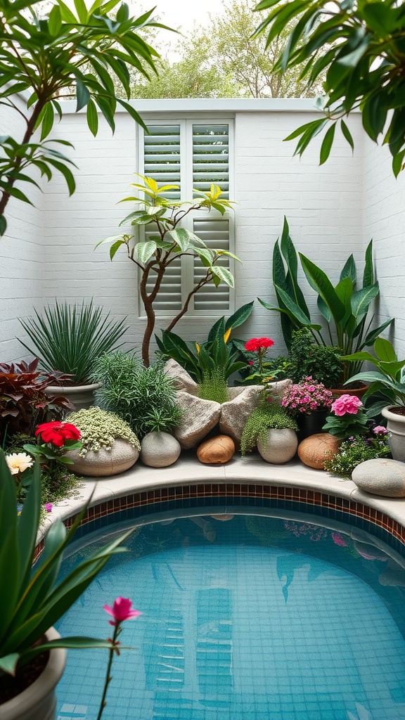 A lush, small courtyard garden featuring a variety of potted plants and flowers surrounding a circular pool. The garden is bordered by a white brick wall, with a window in the center, and includes vibrant green leaves and colorful blossoms in shades of red and pink.