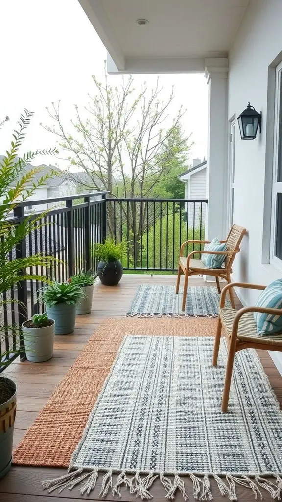 A cozy balcony with two wicker chairs and cushion accents, decorated with two patterned rugs in orange and blue tones, surrounded by potted plants and overlooking a tree-lined view.