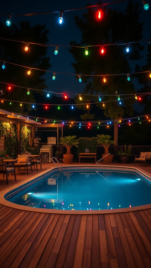 A swimming pool surrounded by a wooden deck, illuminated by strings of colorful lights at night, with patio furniture and potted plants in the background.