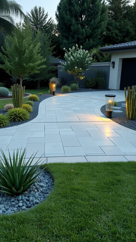 A modern landscaped garden featuring a curved pathway made of light-colored pavers, flanked by manicured grass and decorative stone beds with plants, illuminated by garden lights at dusk.