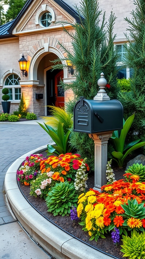 A beautifully landscaped front yard featuring a variety of colorful flowers and greenery surrounding a black mailbox on an ornate stand, with a brick house and an arched doorway visible in the background.