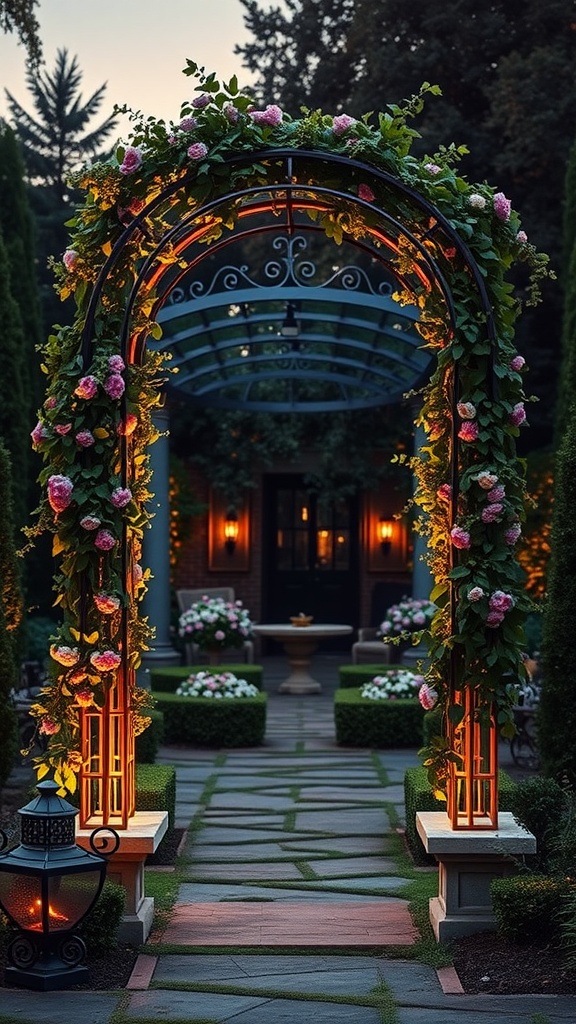 Ornate garden archway covered in pink flowers leading to a path with lit lanterns and a fountain, surrounded by neatly trimmed bushes and ambient garden lights at dusk.