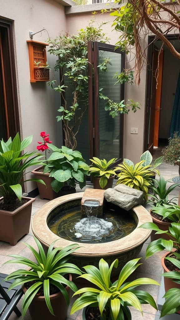 A small garden with various potted plants surrounding a circular fountain with water gently flowing over a stone feature. The setting appears to be an indoor or enclosed courtyard with natural light.