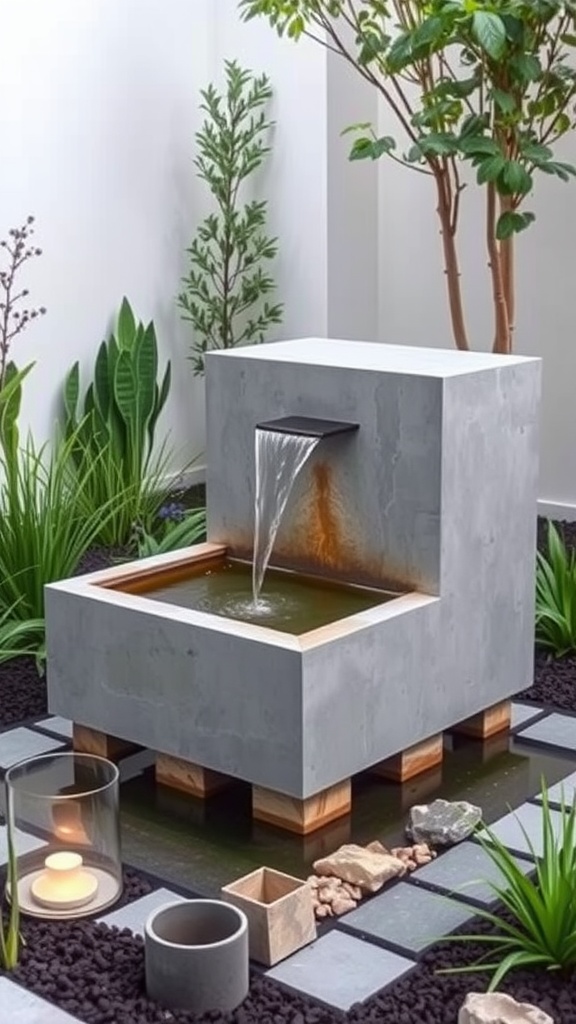 A modern garden with a concrete water fountain featuring a geometric design. The fountain is elevated on wooden blocks and surrounded by green plants and neatly arranged rocks. A lit candle in a glass holder is placed nearby on the dark gravel lining the area.