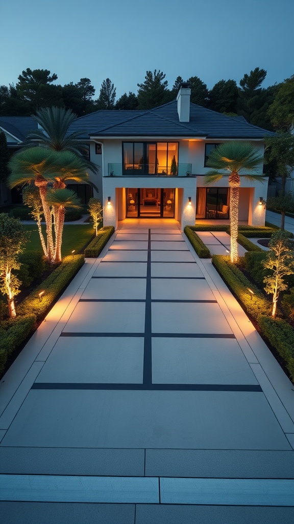 A modern, two-story house with large windows and symmetrical design, surrounded by palm trees and illuminated landscaping in the evening.