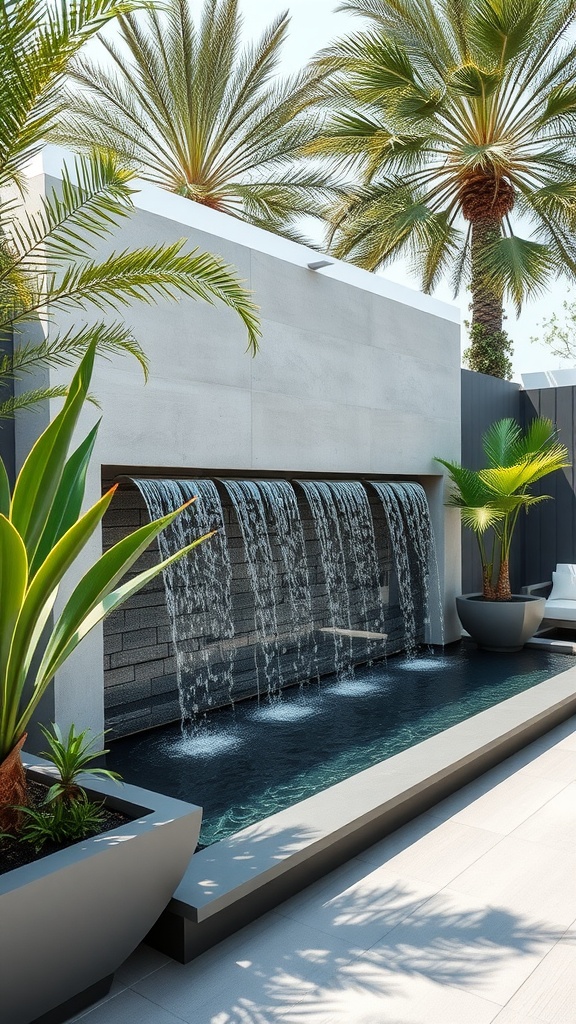 A modern outdoor water feature with a series of waterfalls cascading into a rectangular pool, surrounded by tall palm trees and lush green plants in large planters.