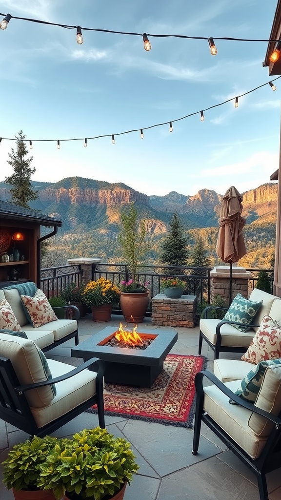 A cozy outdoor patio with cushioned chairs arranged around a square fire pit on a decorative rug, surrounded by potted plants and overlooking a scenic mountain view with string lights above.