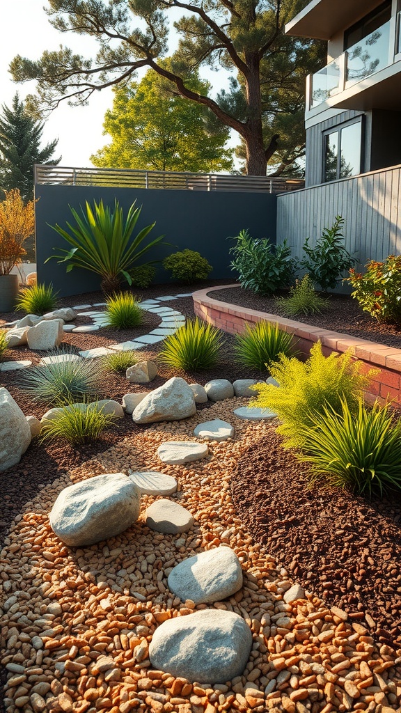 Modern backyard with a zen garden featuring large rocks, pebbles, stepping stones, and various green plants, bordered by a gray fence and overlooked by a residential building.