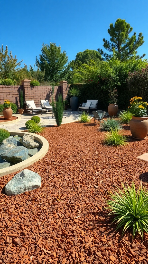 A landscaped backyard with a desert theme, featuring red mulch, rocks, various potted plants, and patio chairs under a clear blue sky.