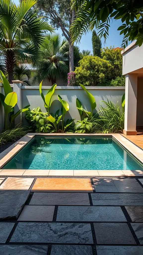 A small, rectangular swimming pool surrounded by lush tropical plants and palm trees, with a stone-tiled patio in the foreground and a light-colored wall enclosing the area.
