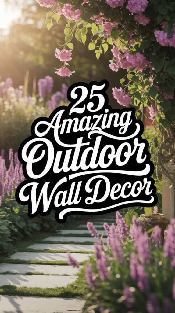 A garden path lined with purple and pink flowers, with overhanging foliage, and text overlay that reads "25 Amazing Outdoor Wall Decor."