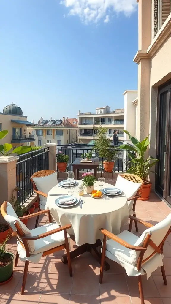A sunlit terrace featuring a round dining table set with plates, glasses, and a small centerpiece, surrounded by four cushioned chairs. The terrace is adorned with potted plants and offers a view of nearby buildings under a clear blue sky.