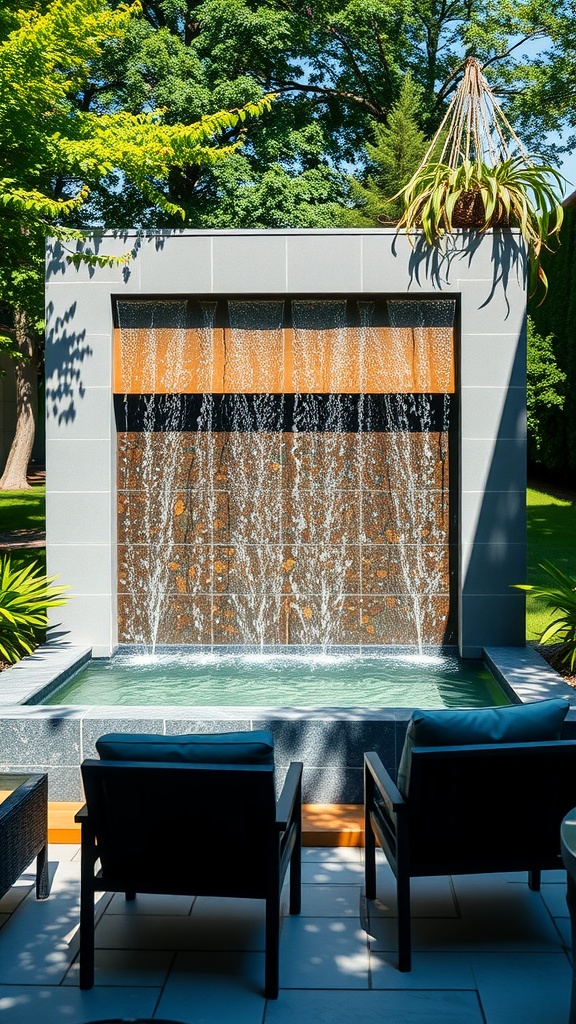 Outdoor area featuring a modern water feature with cascading streams and a shallow basin, surrounded by green plants and two black chairs facing the structure.