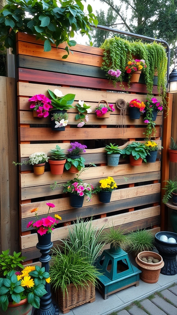 A vertical garden with colorful flowers and green plants in pots arranged on a wooden pallet against a brick patio, featuring various blooms including pink, yellow, and purple flowers, with additional potted plants at the base and decorative elements like a lamp and baskets.