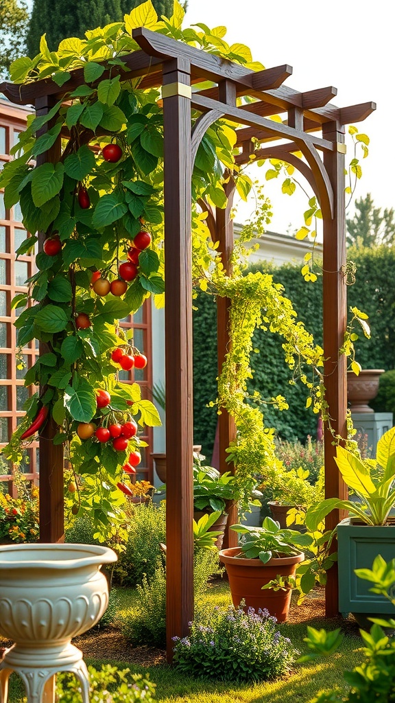 A garden archway made of wood, adorned with lush green vines and bright red tomatoes, surrounded by potted plants and greenery under sunlight.
