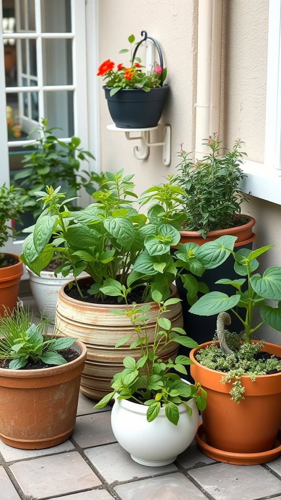 A variety of potted plants and herbs arranged on a tiled balcony, with a small hanging pot of red flowers on the wall.