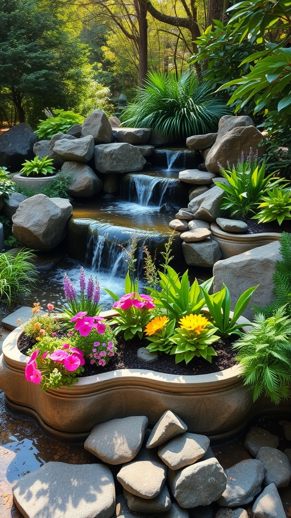 A serene garden scene featuring a small cascading waterfall surrounded by large boulders and lush green plants. In the foreground, a decorative planter is filled with vibrant flowers in pink, yellow, and purple hues, enhancing the natural beauty of the setting.