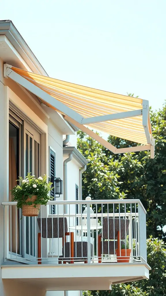A small balcony with a striped retractable awning, two cushioned chairs, a round table, and a hanging basket of flowers, set against a backdrop of trees and blue sky.