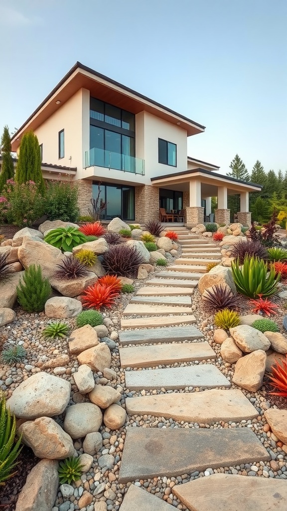 A modern two-story house with large windows, surrounded by a landscaped garden featuring a stone pathway, colorful plants, and various rocks.