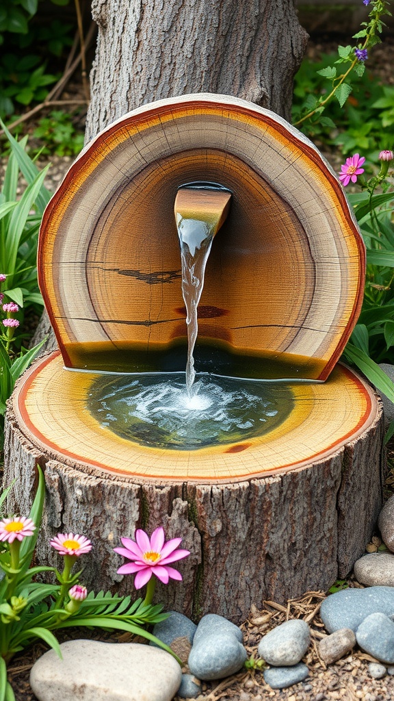 A wooden water fountain resembling a tree slice with concentric rings, set on a tree stump. Water flows through a spout in the middle into a shallow basin below. Bright pink flowers and smooth river stones adorn the surrounding garden area.