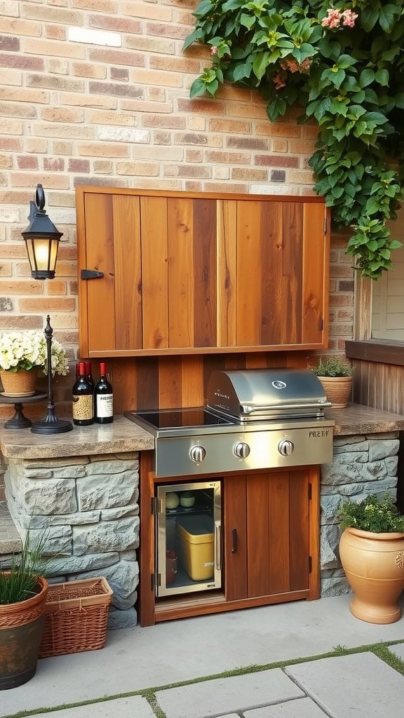An outdoor kitchen setup featuring a stainless steel grill with wooden cabinetry, set against a brick wall adorned with climbing plants. The area includes potted plants and decorative stonework, with bottles and a lantern adding to the ambiance.