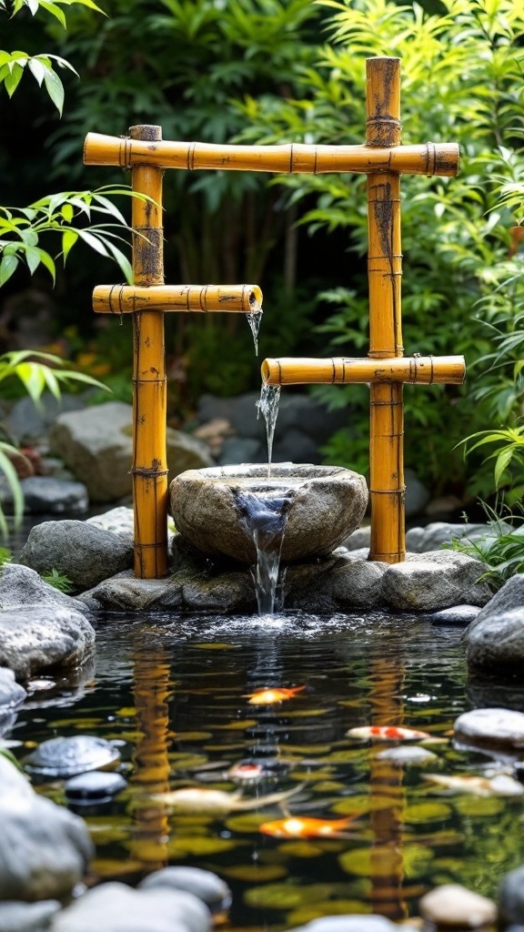 A traditional bamboo water fountain pouring water into a stone bowl, which overflows into a pond filled with orange and white koi fish. The setting is surrounded by green foliage and rocks, creating a serene garden scene.