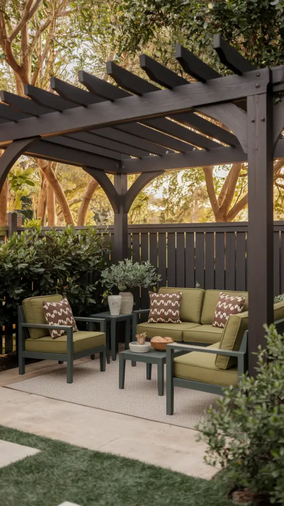 A cozy outdoor patio with dark wood pergola, green cushioned furniture, patterned pillows, and surrounding greenery.